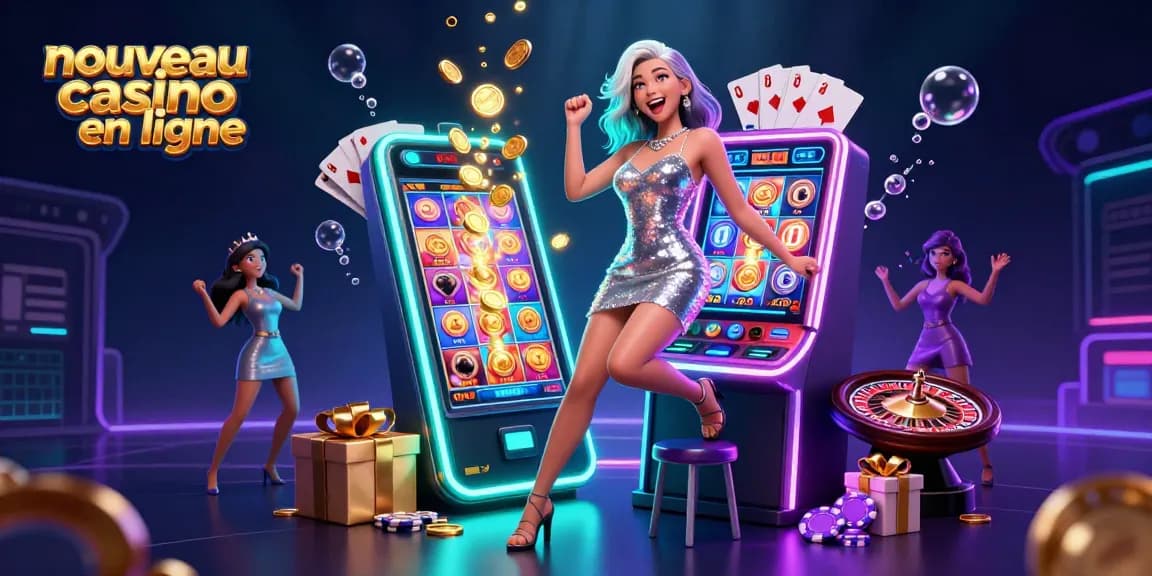 Moment excitant dans un nouveau casino en ligne avec un joueur joyeux célébrant un gain au jackpot.
