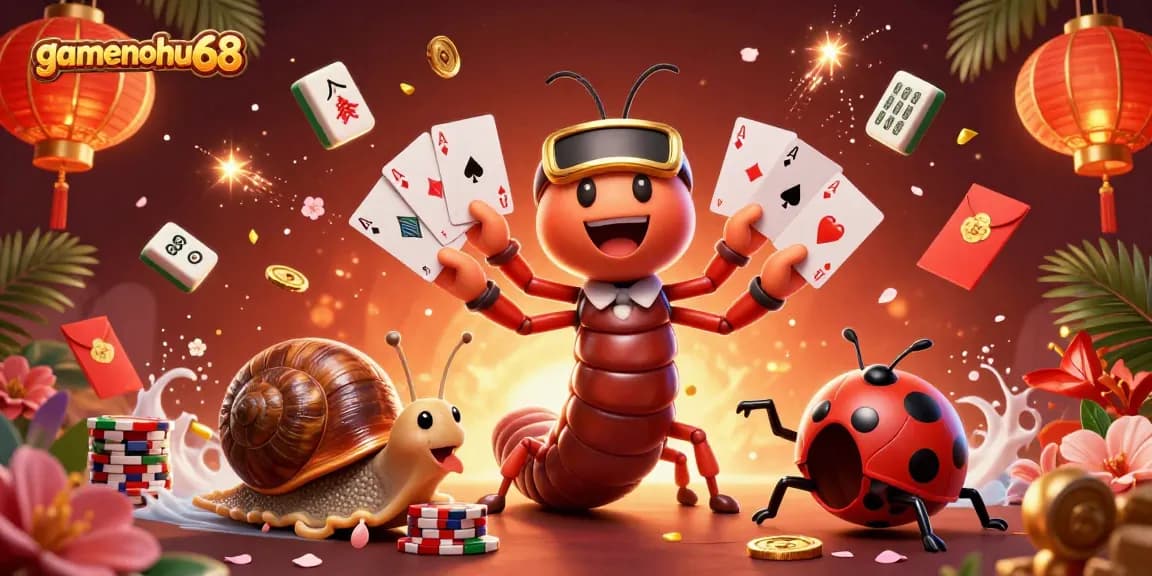Experience the thrill of gamenohu68 with a vibrant casino illustration featuring a millipede dealer and exciting elements.