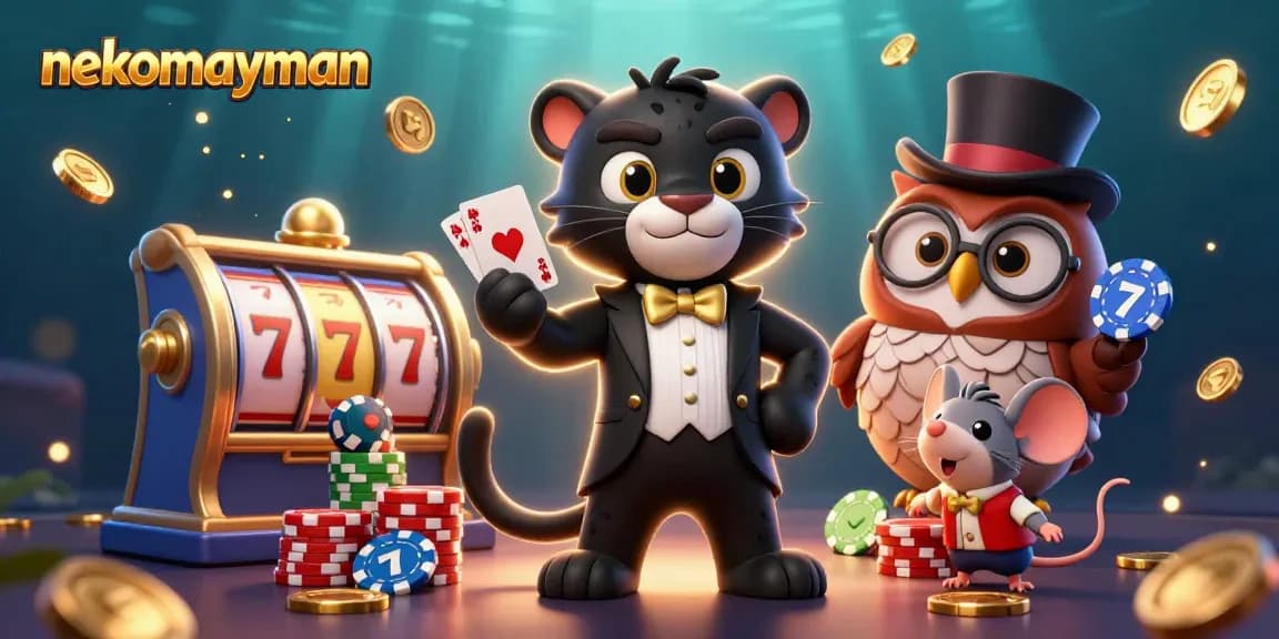 Join the excitement at nekomayman as the stylish panther deals cards surrounded by vibrant casino elements.