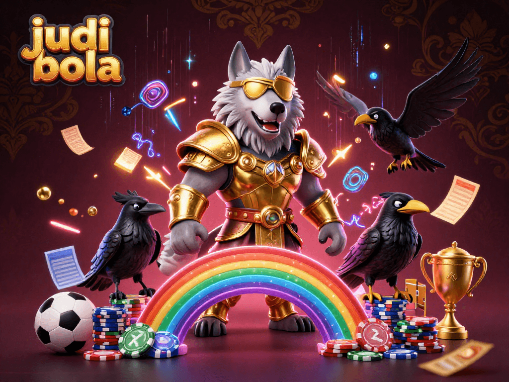 Engage in judi bola betting with dynamic sports elements and mythic characters in a captivating casino illustration.