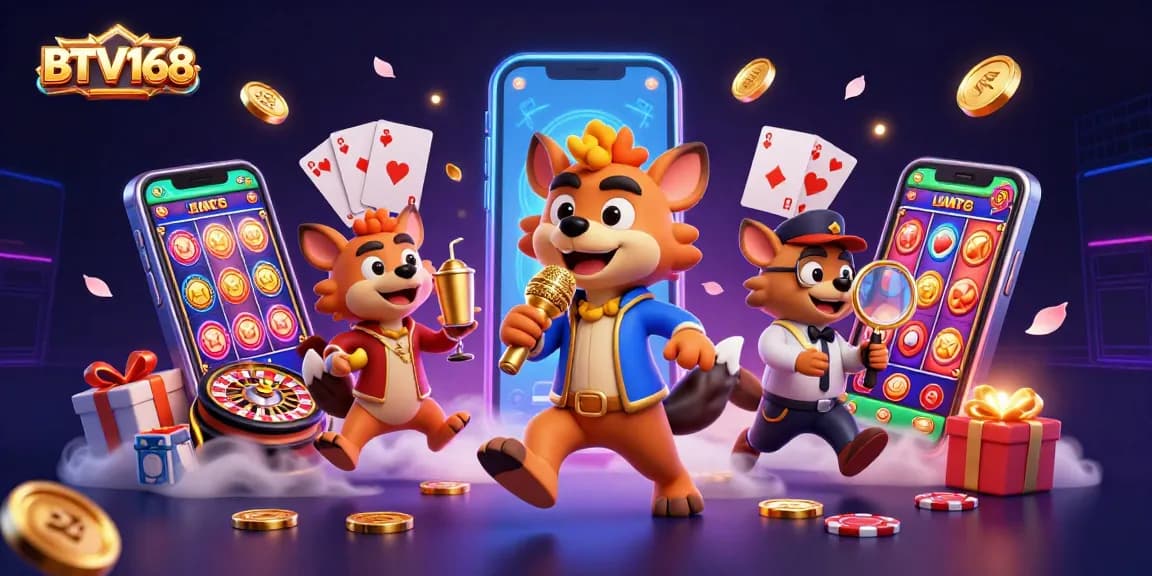BTV168 hyenas comedy casino club scene with vibrant games and golden coins
