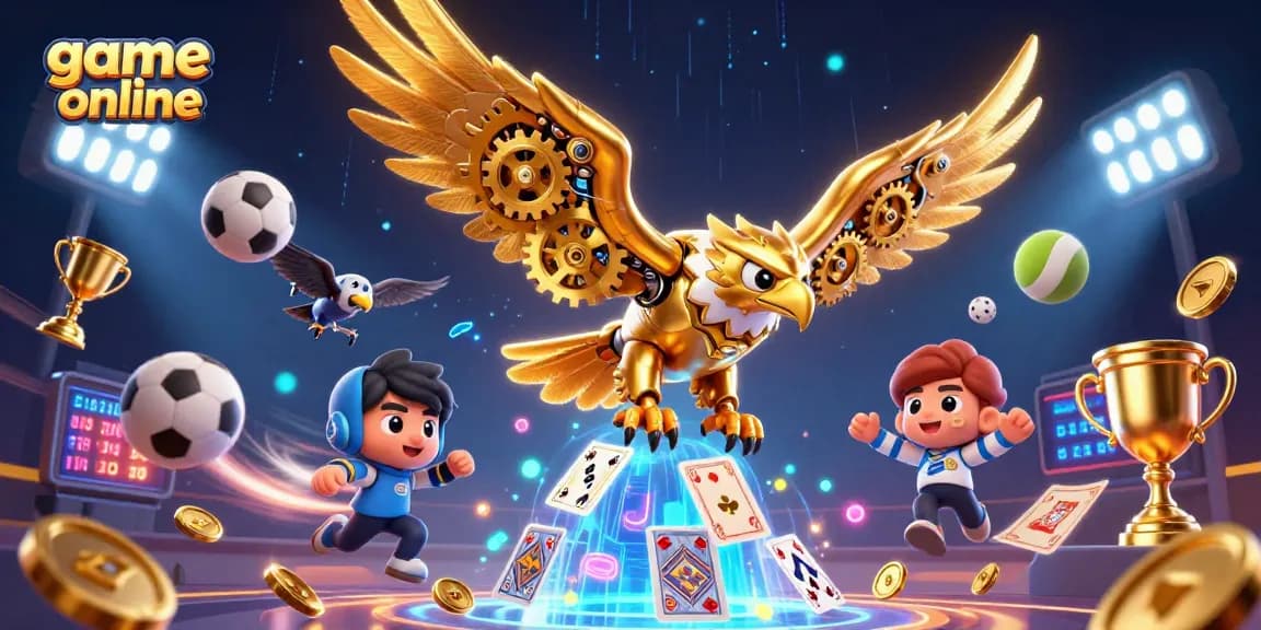 Experience game online excitement with dynamic sports visuals and an eagle mascot.