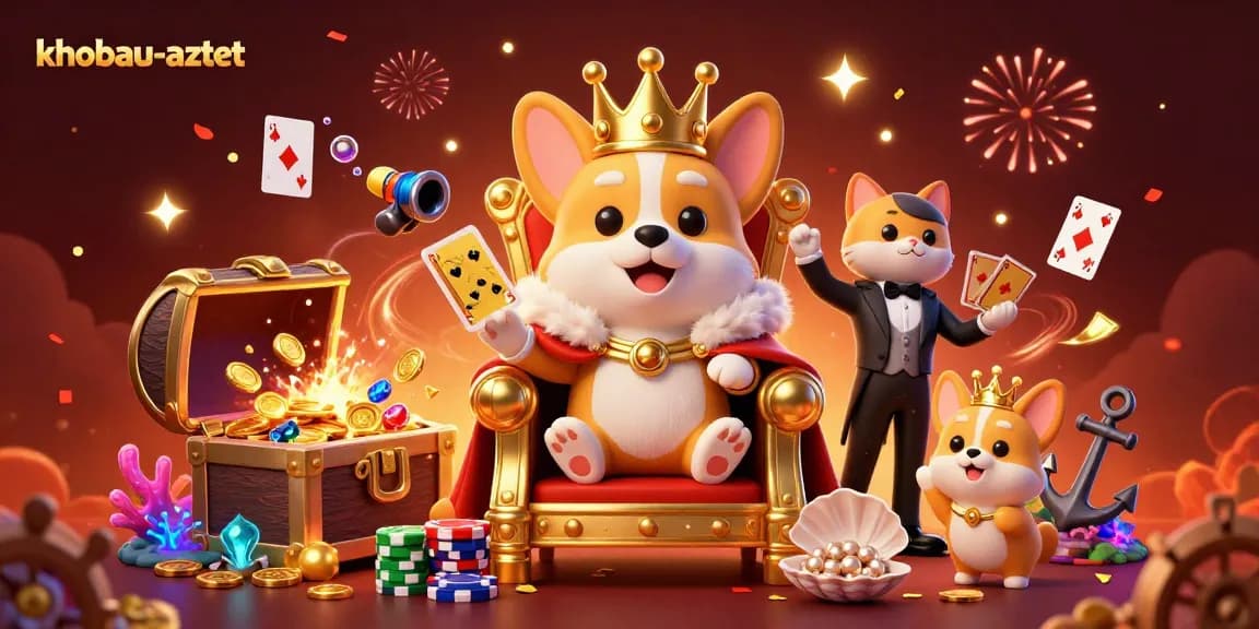 Experience the excitement of khobau-aztec with royal corgis and a vibrant treasure-filled scene.