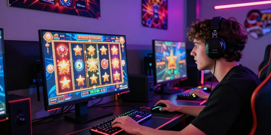 Pemain SLOT GACOR yang antusias terlibat dalam permainan slot online dengan layar penuh grafis cerah dan simbol bonus yang mencolok.