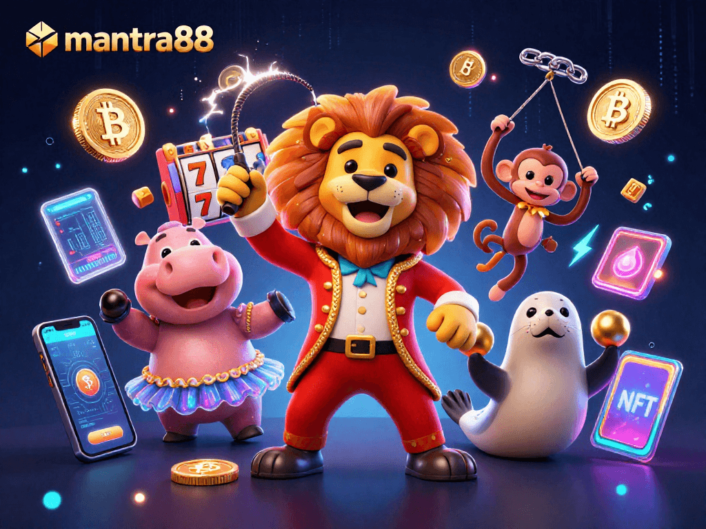 Spin and win at mantra88: Enjoy slots and crypto gaming in a vibrant 3D circus scene.