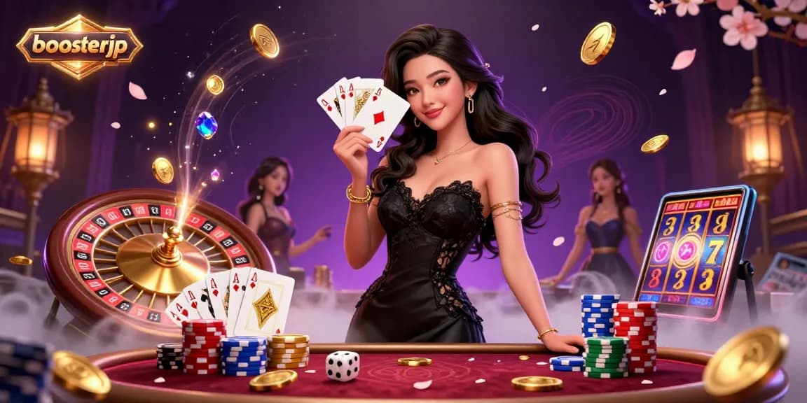 Experience thrilling gameplay with boosterjp featuring a sophisticated Asian woman holding poker cards in a vibrant casino.