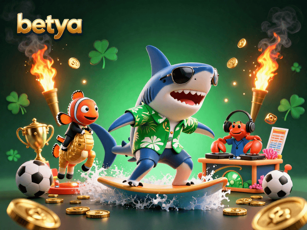 Betya sports betting scene featuring a shark, clownfish, and crab amid vibrant game elements.