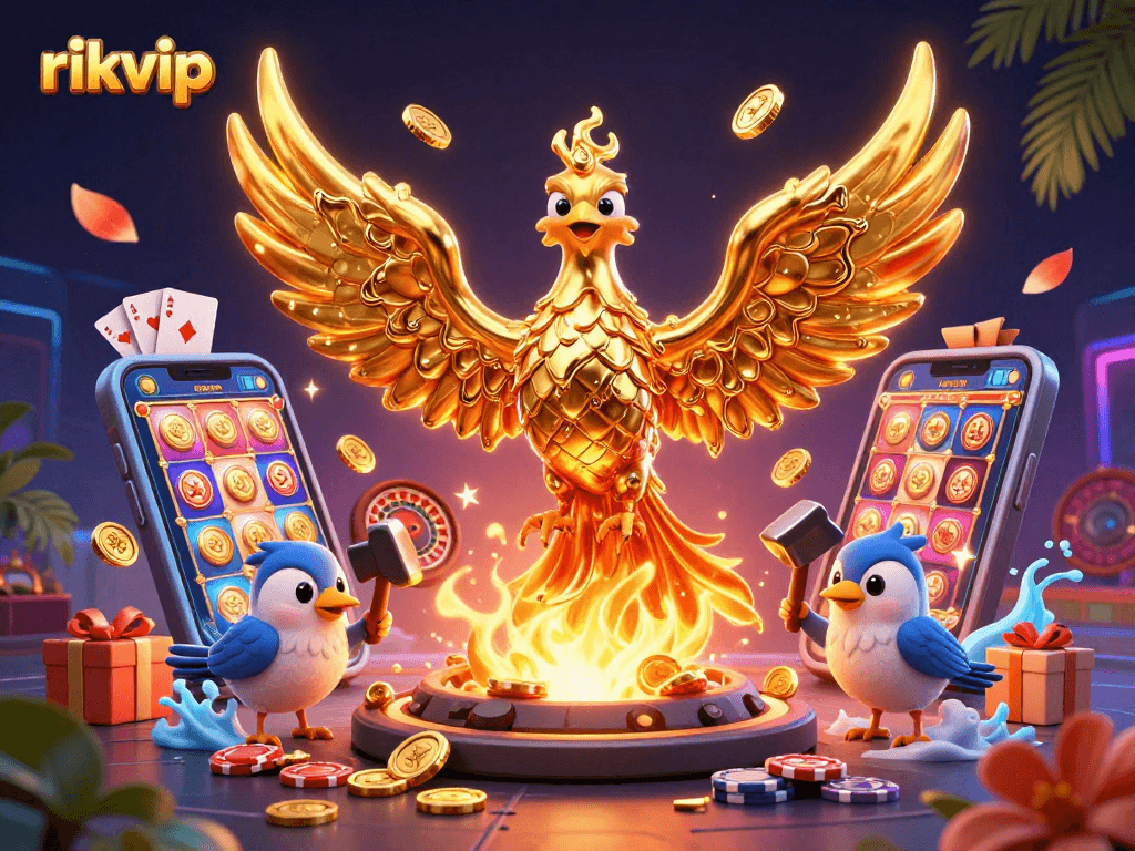 Experience the excitement of rikvip with a golden phoenix and dynamic casino elements illuminating the scene.