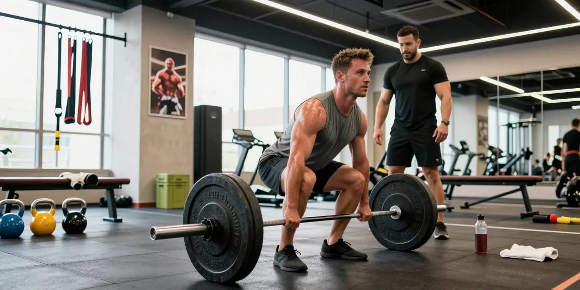 Astera Shop showcasing fitness lifestyle with a man lifting weights in a gym, emphasizing strength and dedication.
