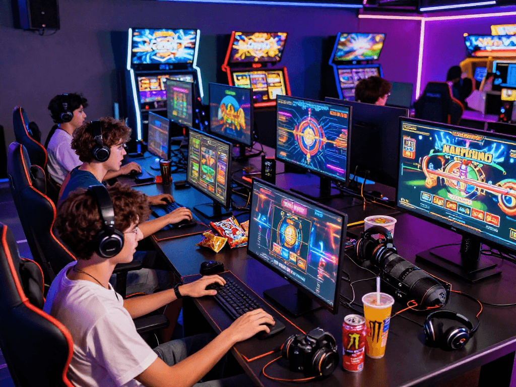 Exciting gaming scene with players engaged in bandar slot gacor online games, colorful lights and devices setup.