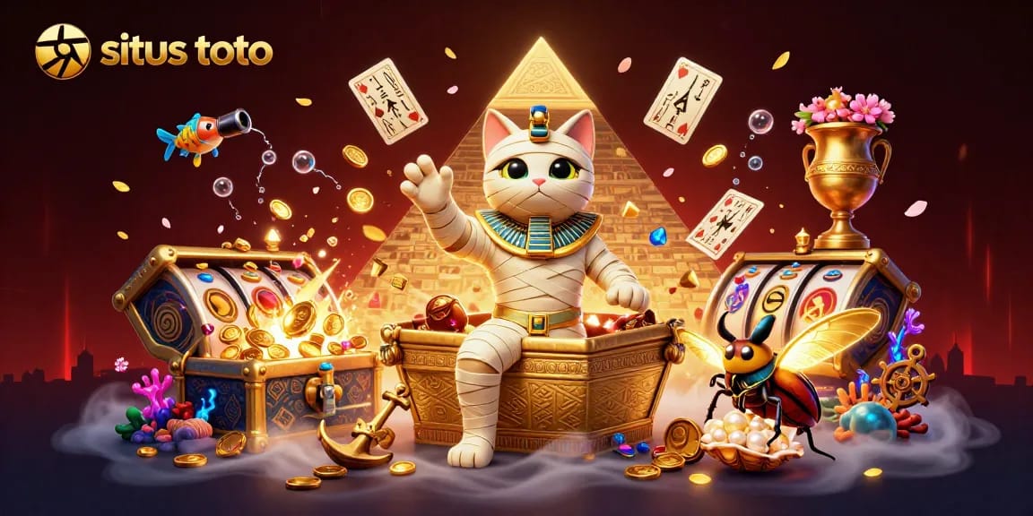 Engage with situs toto in a vibrant casino scene featuring a mummy cat and glowing scarab beetle.
