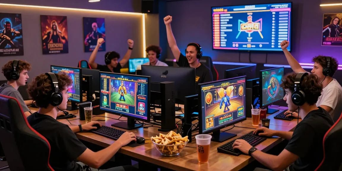 Players enjoying slot depo 5000 games in an exciting gaming lounge with neon lights and competitive atmosphere.
