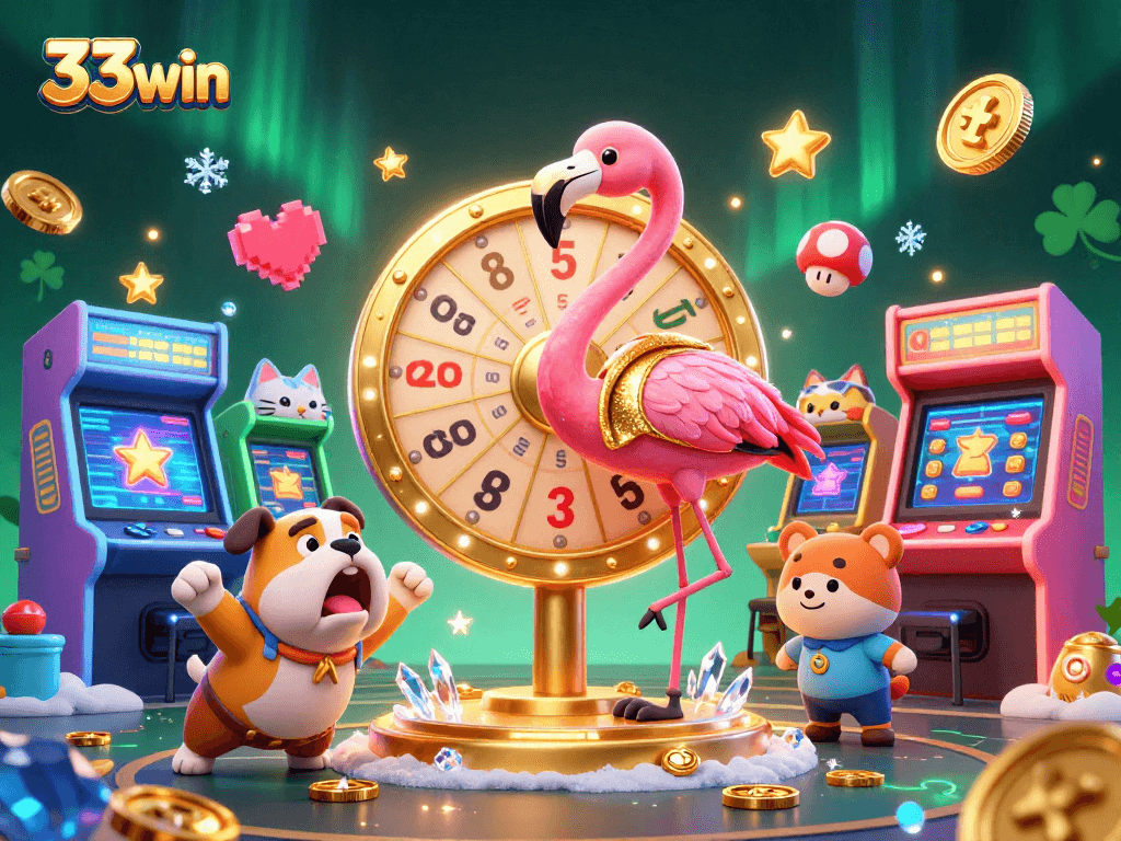 Engage with 33win's thrilling casino experience, featuring a flamingo host and colorful game elements.