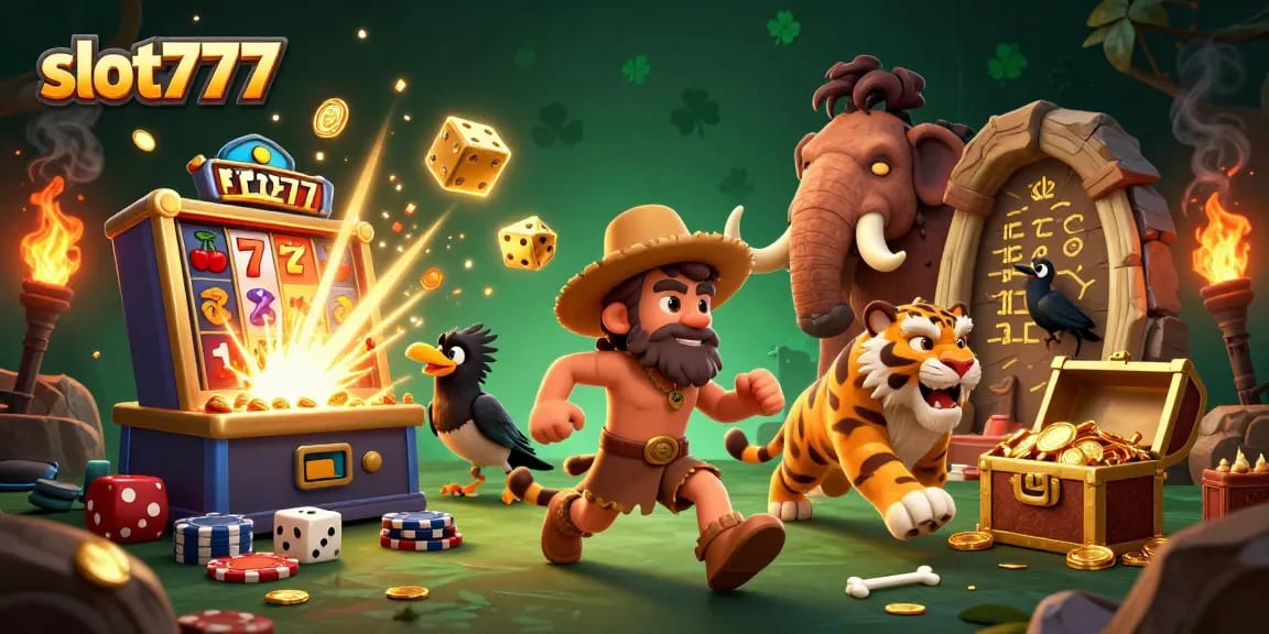 Experience the thrilling slot777 action with prehistoric characters in a vibrant casino setting.