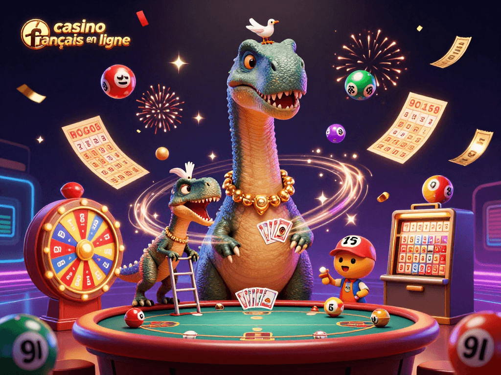 Visualisez un casino francais en ligne où un brontosaurus intrigue les joueurs autour d'une table de poker animée.