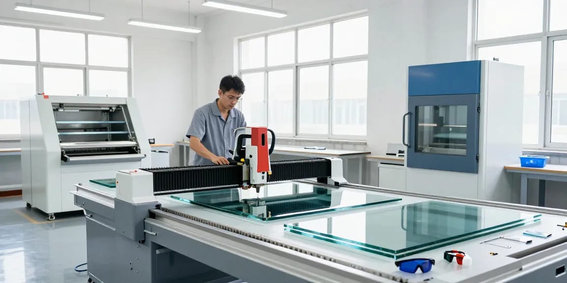 Technician using a glass cutting table in an industrial workshop showcasing advanced glass processing techniques.