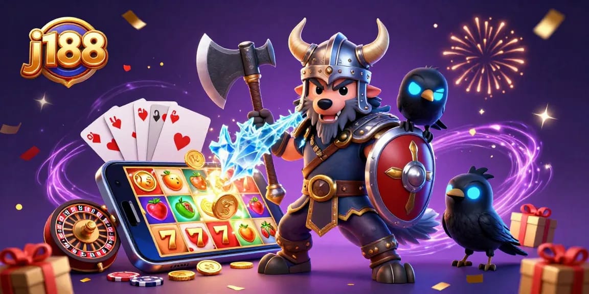 Experience thrilling gaming with j188 as a Viking warrior and friends celebrate wins with slot games and vibrant elements.