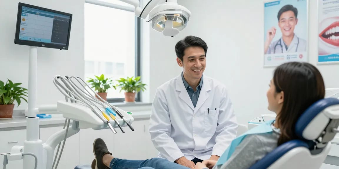 Discover more here in a modern dental clinic where a friendly dentist consultations with a patient.