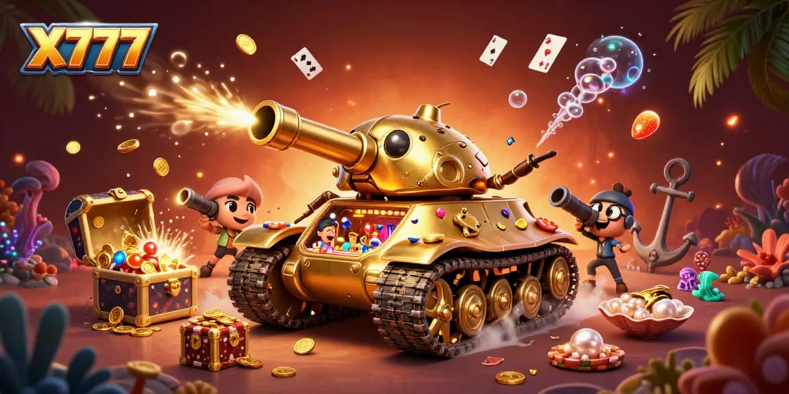 X777 showcases a golden beetle tank casino with treasure and vibrant elements for dynamic gaming fun.