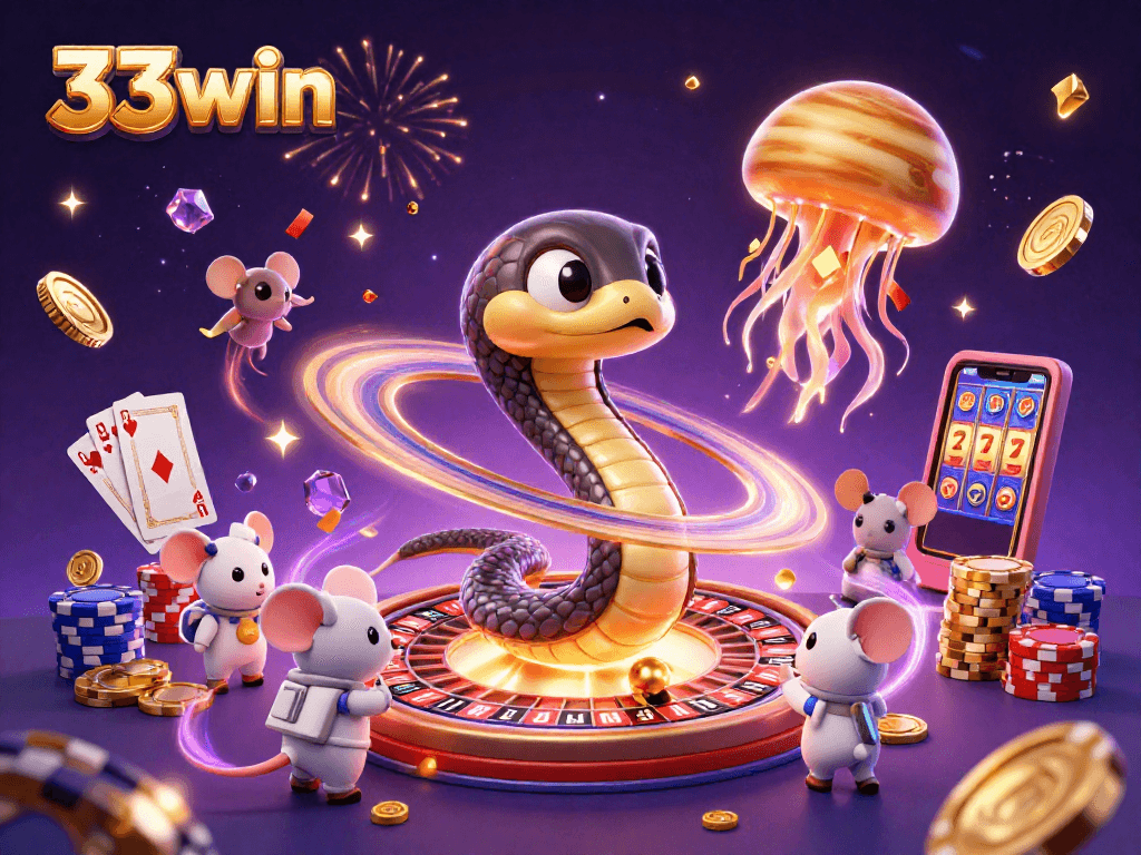 33win channels excitement with astronaut mice betting around a cosmic roulette wheel illustration.