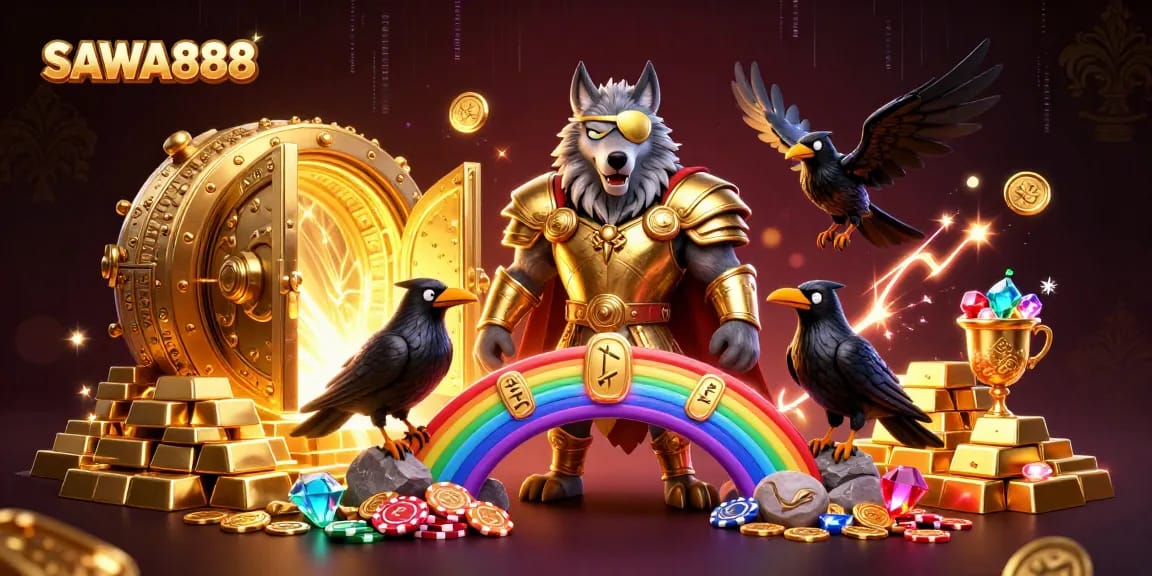 Experience the thrilling SAWA888 with Odin, ravens, and casino chips in a vibrant 3D scene.
