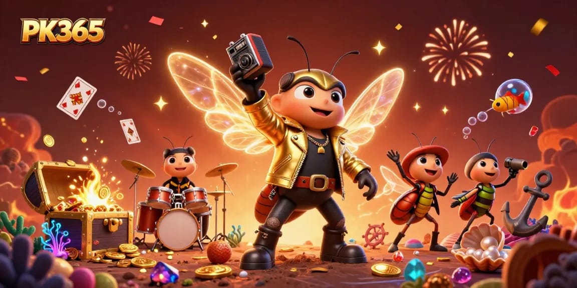 Experience thrilling wins with PK365 in a vibrant 3D casino scene featuring exciting characters and dynamic elements.