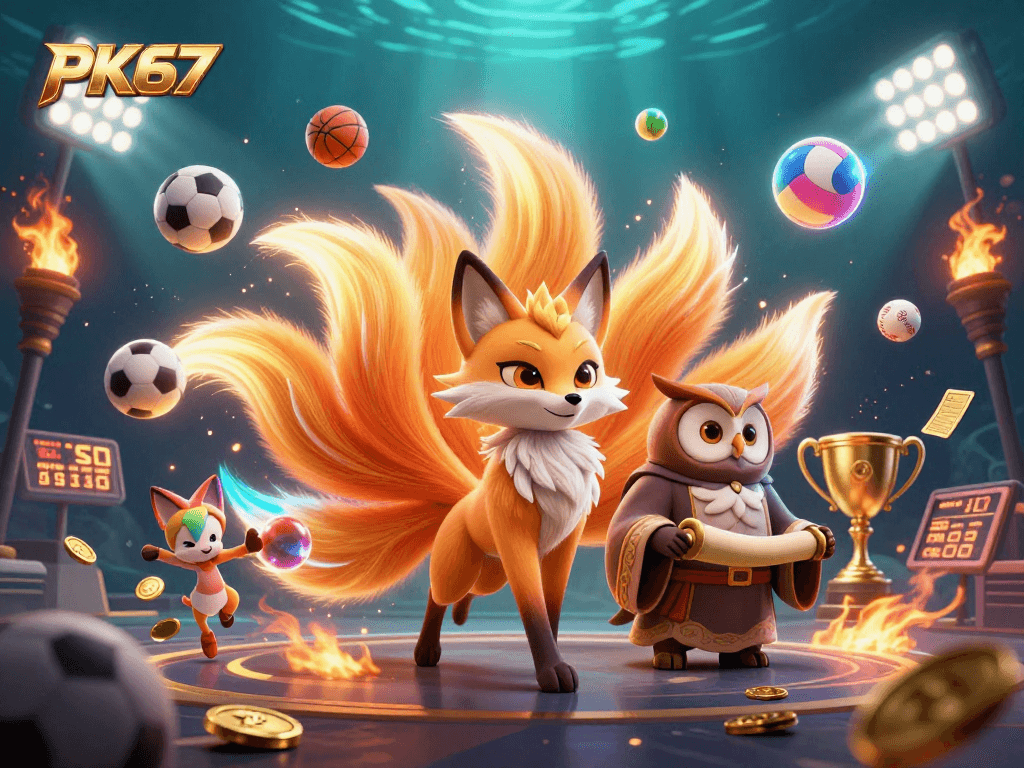 Experience thrilling sports betting at PK67 with vibrant characters, dynamic sports elements, and a casino atmosphere.