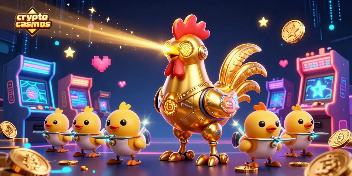 Les crypto casinos offrent une expérience ludique avec un robot coq doré et des drones en pleine action.