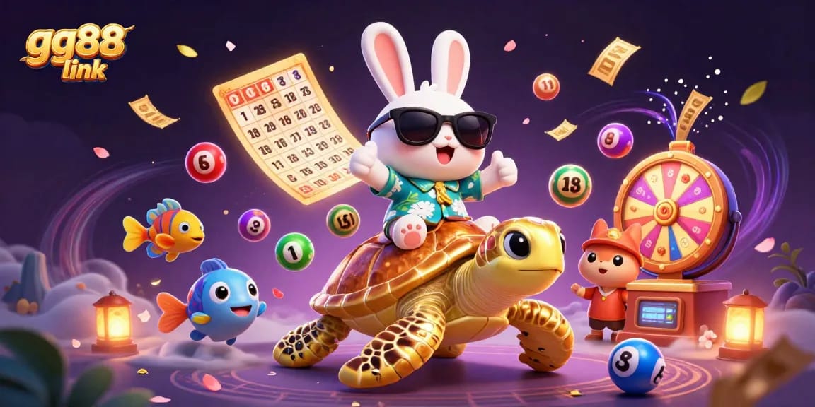 Engage with gg88 link for a thrilling casino experience featuring a lucky rabbit on a golden turtle.