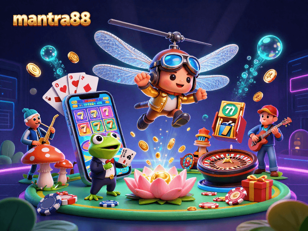 Experience the excitement of mantra88 with a dragonfly pilot and frog dealer in a lively casino illustration.