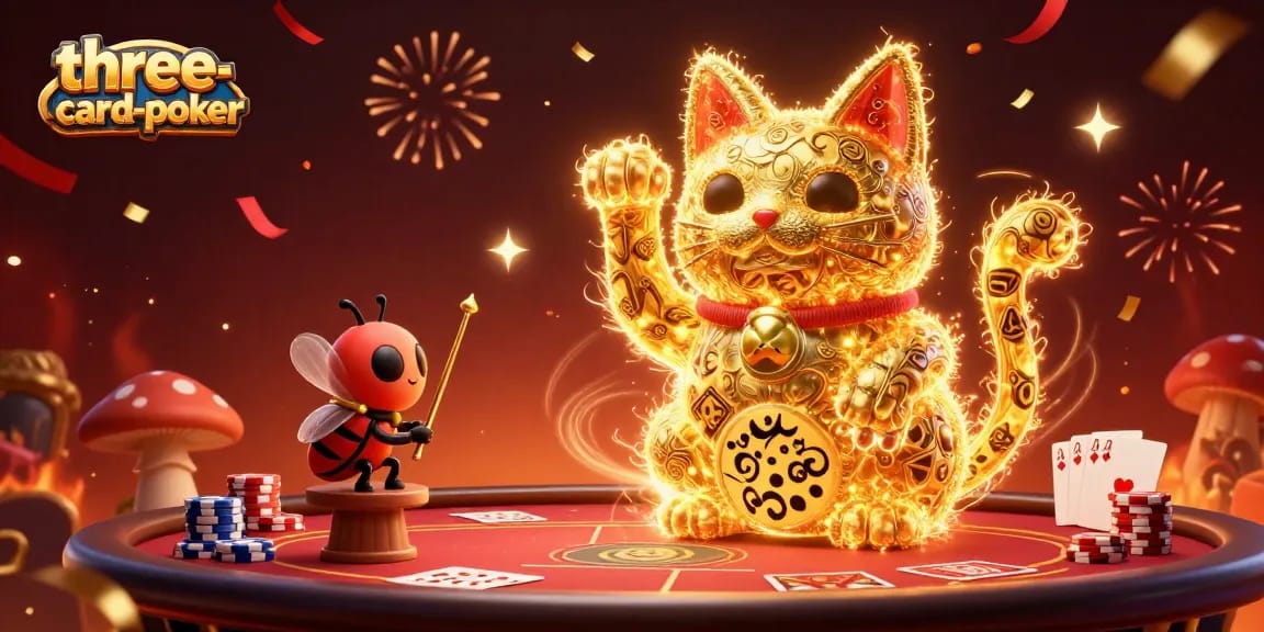 Engage in three-card-poker with a vivid scene of a lucky cat and dynamic casino elements.