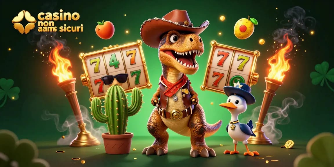 Interagisci con i casinò non AAMS sicuri attraverso una scena entusiasmante con un dinosauro cowboy e giochi di slot.