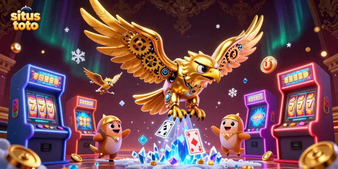 Situs toto showcases a dynamic gambling scene with a golden eagle amidst colorful slot reels and game machines.
