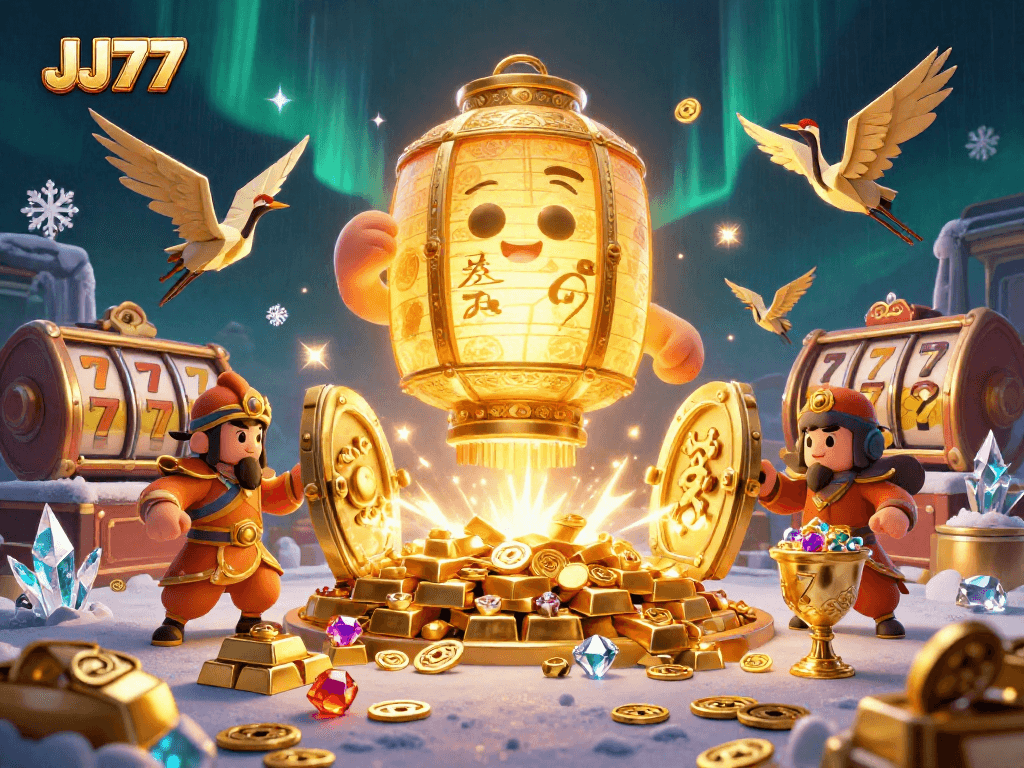 Experience vibrant gameplay with JJ77, showcasing a 3D illuminated casino scene filled with lucky symbols and treasures.
