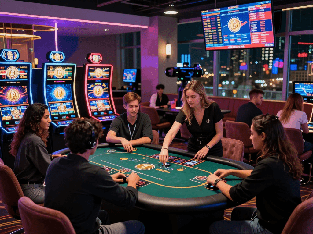 Dynamic crypto casino scene with players enjoying high-tech slot machines and poker tables, showcasing vibrant nightlife.