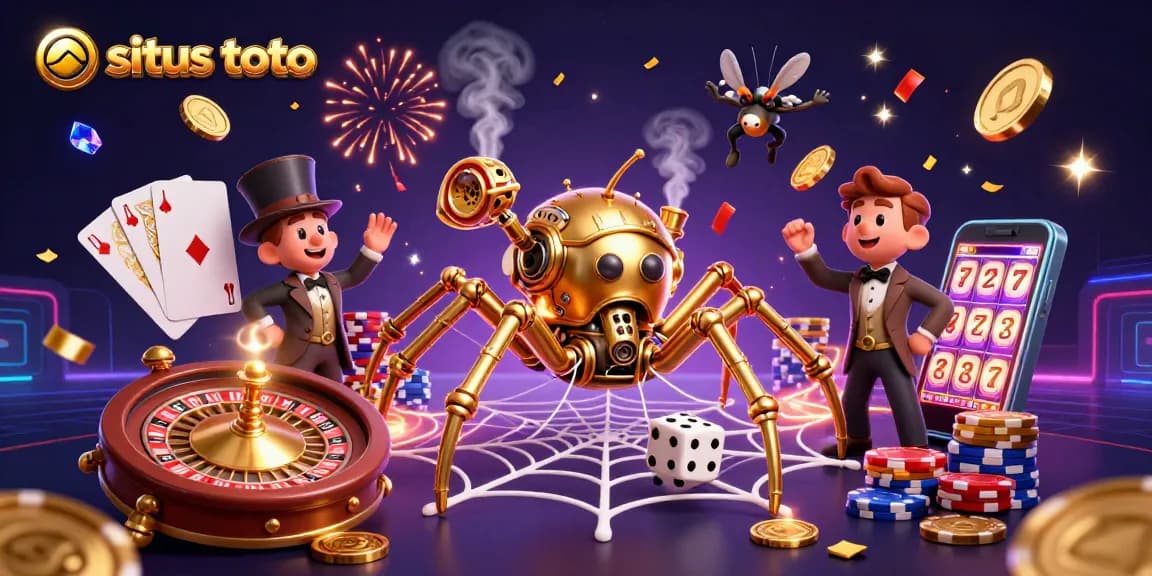 Catching unlucky dice in a rich casino web, situs toto highlights a playful steampunk spider and Victorian gentleman