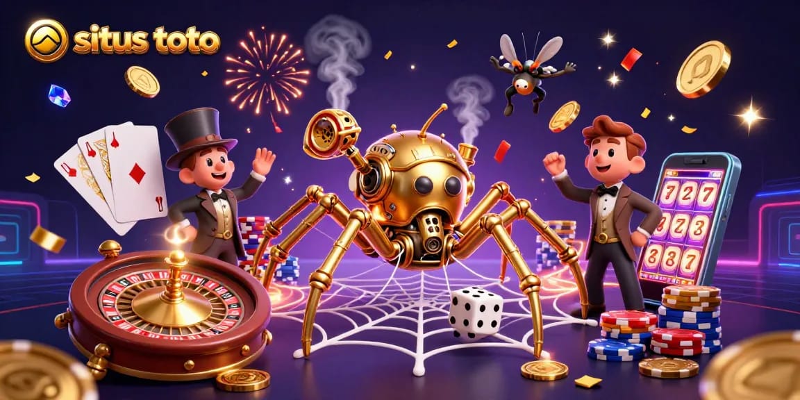 Catching unlucky dice in a rich casino web, situs toto highlights a playful steampunk spider and Victorian gentleman