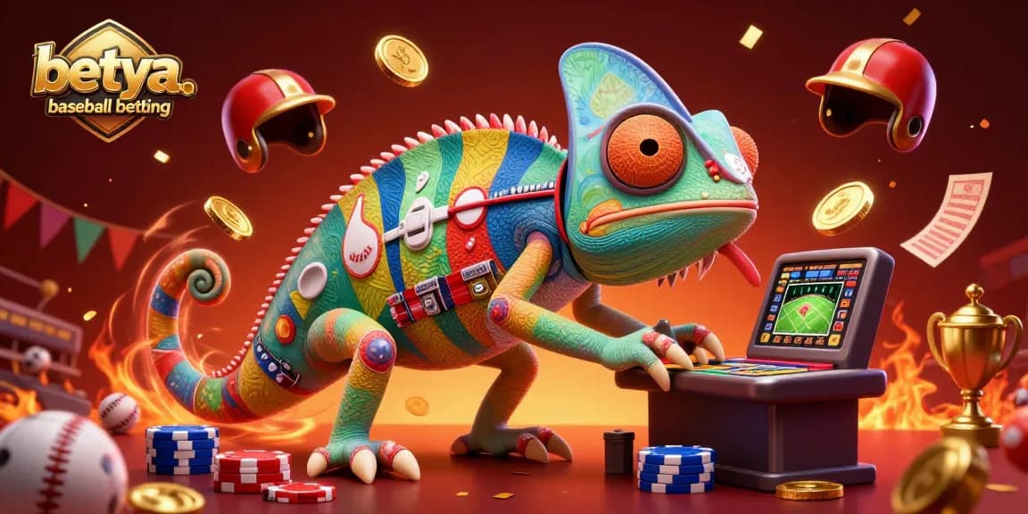 Experience the thrill of betya.com baseball betting with a vibrant 3D chameleon casino owner surrounded by dynamic baseball elements.