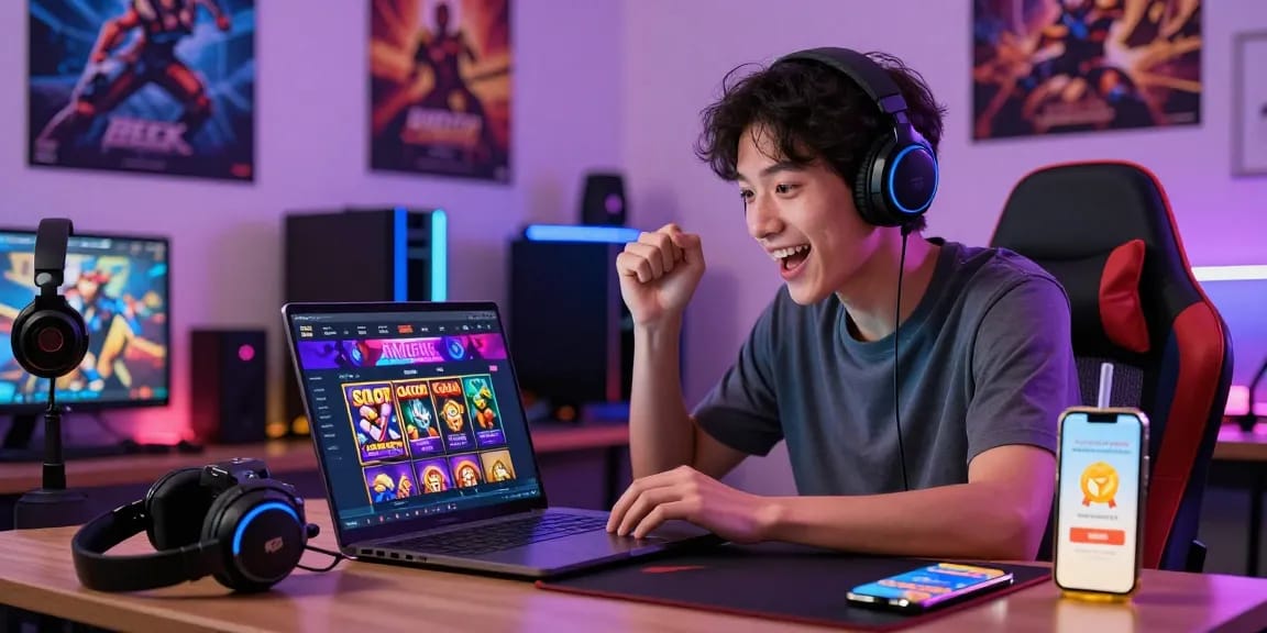 Pengguna bersemangat menjelajahi platform game online dengan SLOT GACOR, dikelilingi aksesori gaming yang menarik.