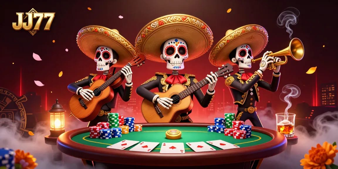 Experience real money play with JJ77 in this colorful casino scene featuring a lively mariachi band.