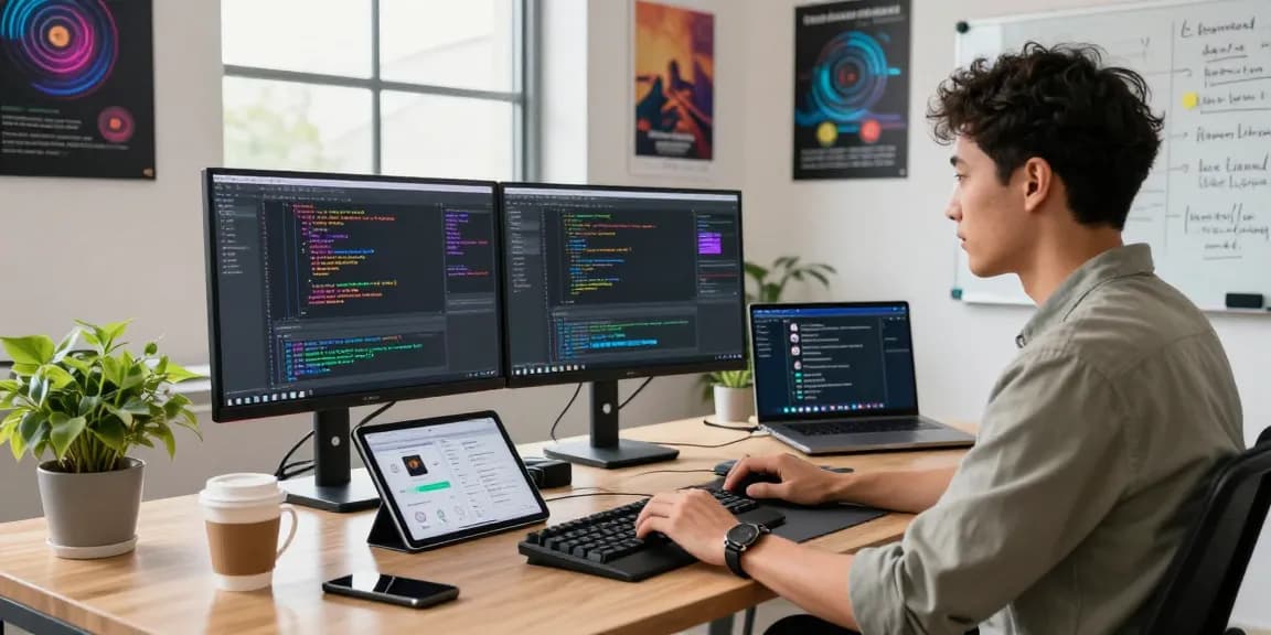 Developer coding in dynamic workspace with 纸飞机中文版 app design on screens
