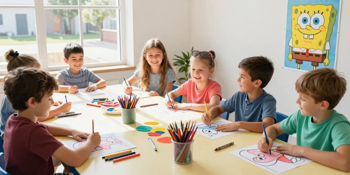 Kids Learn through creative coloring activities using Patrick Star pages in a bright art studio.