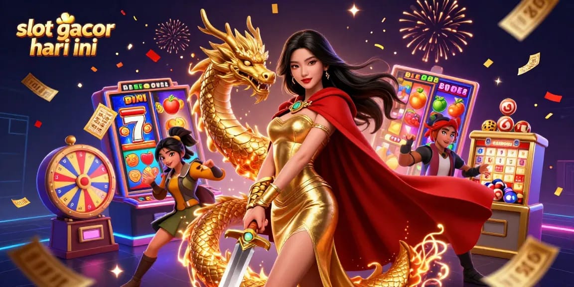Experience the thrill of slot gacor hari ini with vibrant dynamic elements featuring a warrior queen and exciting casino visuals.