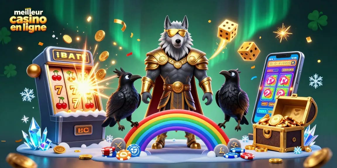 Illustration dynamique du meilleur casino en ligne avec un loup et ses corbeaux, symboles de jeux éparpillés.