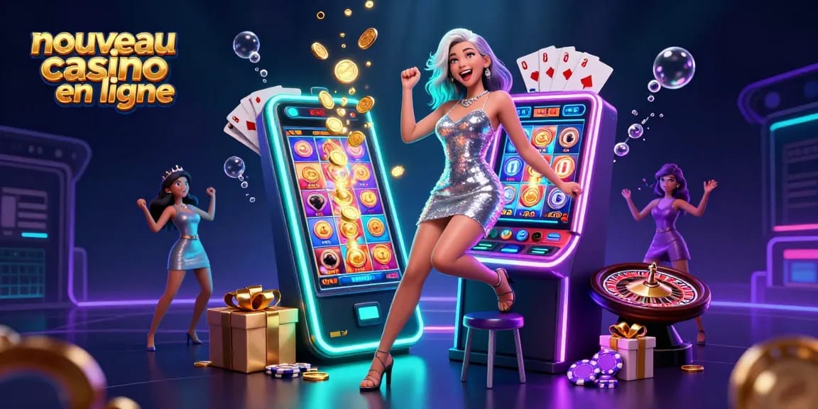 Moment excitant dans un nouveau casino en ligne avec un joueur joyeux célébrant un gain au jackpot.