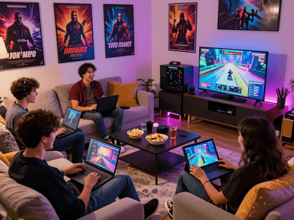 Group of friends enjoying porngames in a cozy living room, engaging with vibrant graphics and snacks.