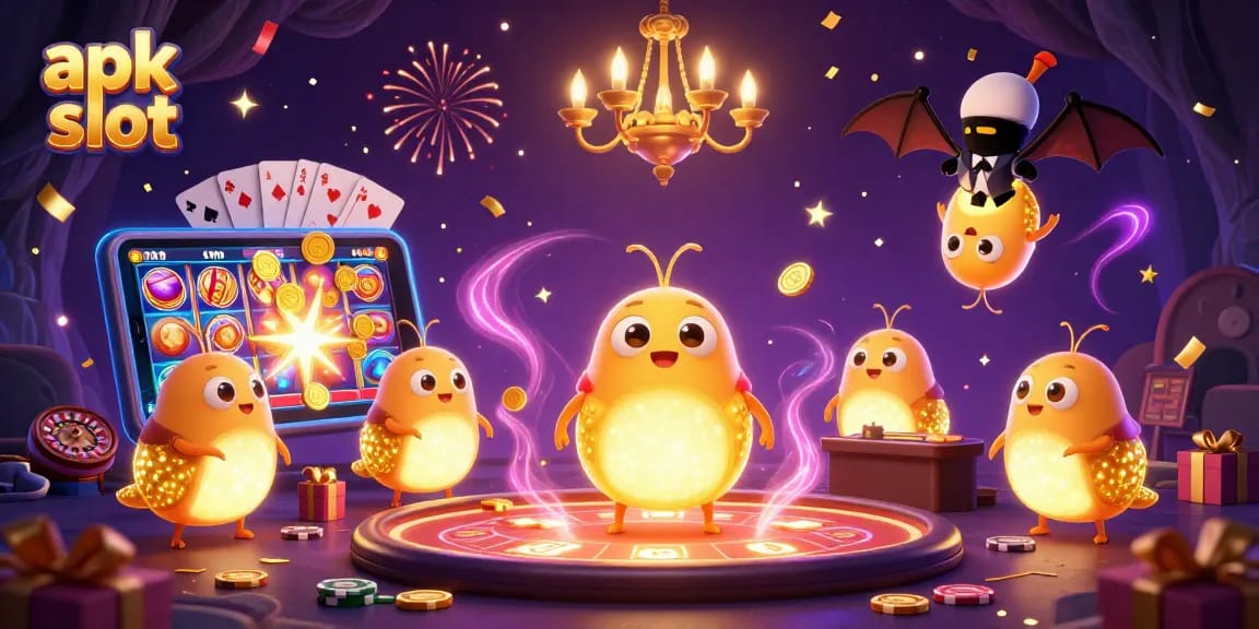 Spin the reels and explore the apk slot gaming universe in this vibrant 3D casino scene.