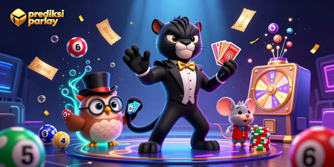 Bet on prediksi parlay with a stylish panther dealer and lucky characters in vibrant casino illustration.
