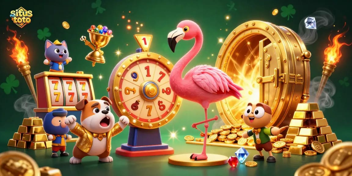 Engage with situs toto's exciting prize wheel game in a dynamic 3D casino illustration.