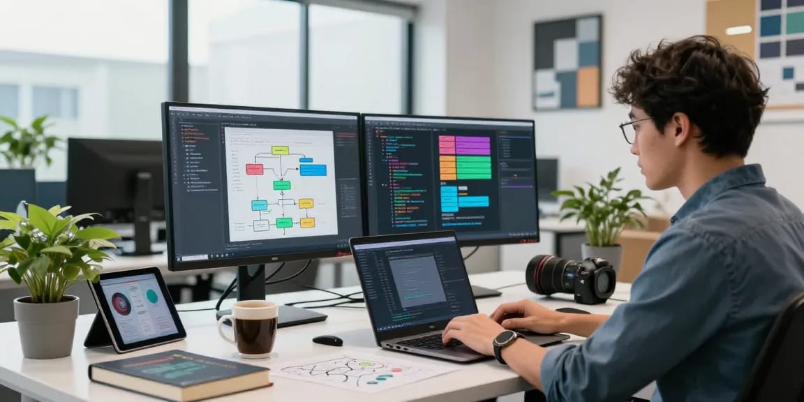 Professional workspace depicting the wps下载 process with a developer coding efficiently, highlighting a modern office environment.